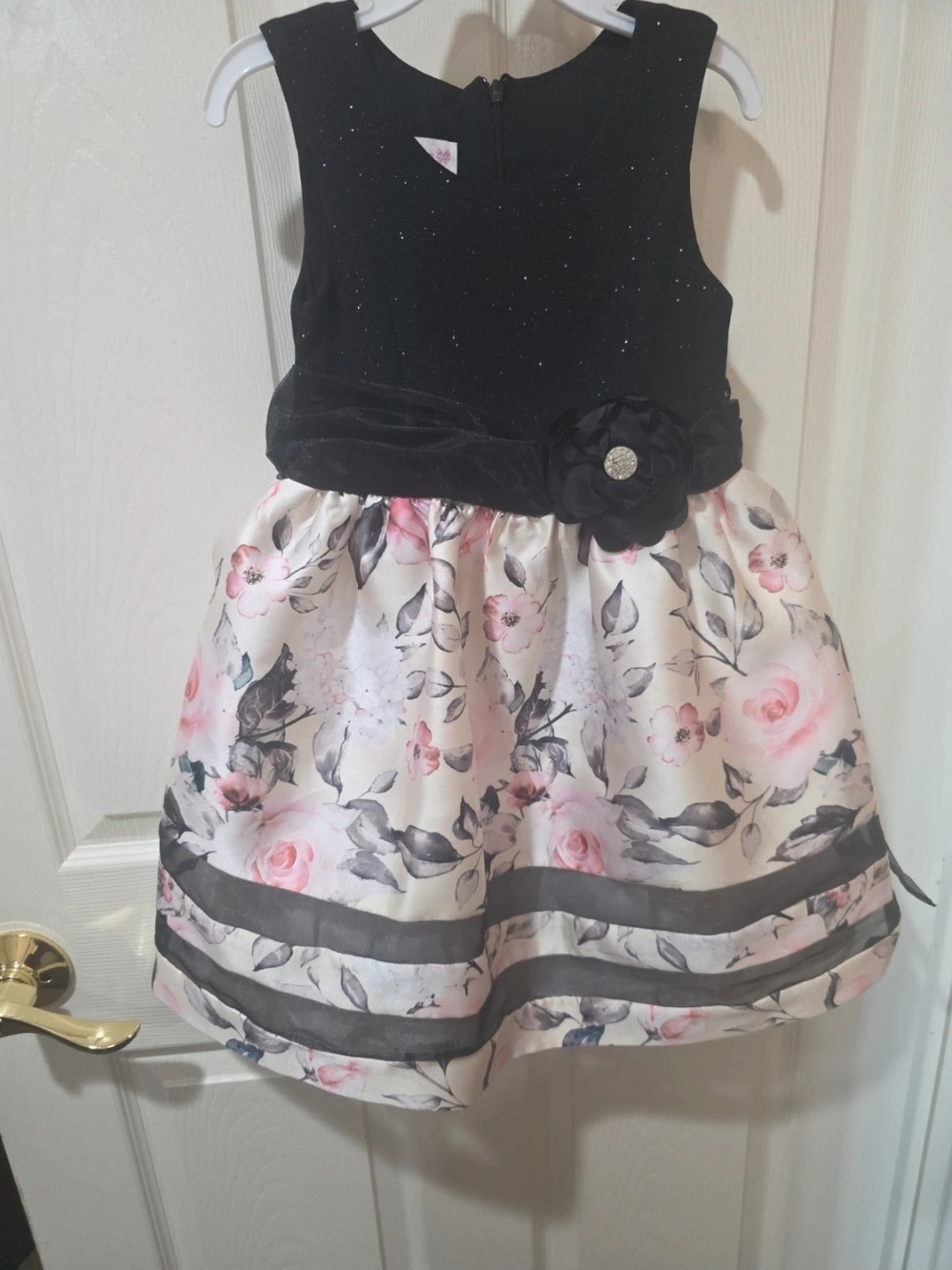 Bonnie Jean Black Velvet Bodice Cream Floral Skirt Party Dress